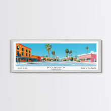 Load image into Gallery viewer, Downey California Panoramic Wall Art, Mid Century Modern Framed Canvas Print, Retro Pop Art Travel Poster, City Living Room Decor, Home Decor

