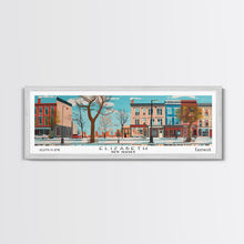 Load image into Gallery viewer, Elizabeth New Jersey Panoramic Wall Art, Mid Century Modern Framed Canvas Print, Retro Pop Art Travel Poster, City Home Decor, Office Art
