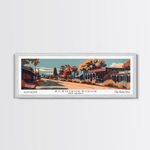 Carregar imagem no visualizador da galeria, Albuquerque New Mexico Panoramic Painting, Framed Canvas Print, Mid Century Modern Wall Art, Retro Pop Art Travel Poster, Office Decor, City Art
