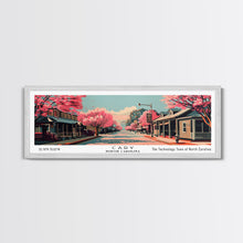 Cargar imagen en el visor de la galería, Cary North Carolina Panoramic Painting, Framed Canvas Print, Mid Century Modern Wall Art, Retro Pop Art Travel Poster, Office Decor, City Art

