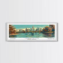 Cargar imagen en el visor de la galería, Charlotte North Carolina Panoramic Painting, Framed Canvas Print, Mid Century Modern Wall Art, Retro Pop Art Travel Poster, Living Room Decor, City Art
