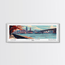 Cargar imagen en el visor de la galería, Cleveland Ohio Panoramic Painting, Framed Canvas Print, Mid Century Modern Wall Art, Retro Pop Art Travel Poster, Living Room Decor, City Art
