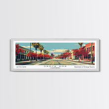 Cargar imagen en el visor de la galería, Santa Ana California Panoramic Wall Art, Mid Century Modern Framed Canvas Print, Retro Pop Art Cityscape, Travel Poster, Living Room Decor

