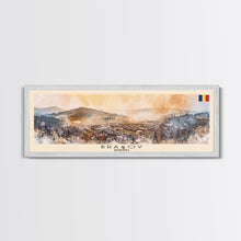 Load image into Gallery viewer, Brasov Romania Panoramic Travel Poster, Framed Canvas Print or Metal Wall Art, Travel Art, Home Decor, Panoramic Painting, Midcentury Art
