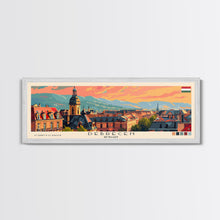 Load image into Gallery viewer, Debrecen Hungary Panoramic Travel Poster, Framed Canvas Print or Metal Wall Art, Travel Art, Home Decor, Panoramic Painting, Midcentury Art
