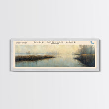 Load image into Gallery viewer, Blue Springs Lake Missouri Framed Canvas Print, Lake House Art, Panoramic Scenic View, Travel Poster, Minimalist Art, Lake Painting

