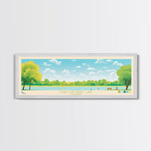 Load image into Gallery viewer, Crab Orchard Lake Illinois Framed Canvas Print, Midcentury Modern Panoramic Wall Art, Living Room Decor, Pop Art, Travel Poster Art, Scenic Nature Painting, Lake House Decor
