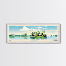 Load image into Gallery viewer, Enid Lake Mississippi Framed Canvas Print, Panoramic Art, Midcentury Modern, Pop Art, Living Room Decor, Travel Poster, Lake Painting
