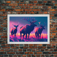 Load image into Gallery viewer, Vaporwave landscape, Elk in the plains at sunset, framed canvas art, canvas print, framed wall art
