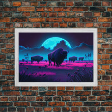 Load image into Gallery viewer, American Buffalo, Retrowave art, herd of Bison and a full moon, framed canvas print
