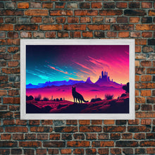 Carregar imagem no visualizador da galeria, Cute fox in an Arizona desert landscape, framed canvas print, framed wall art, synthwave art
