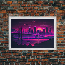 Load image into Gallery viewer, Cyberpunk San Francisco, Futuristic city skyline art, framed canvas print,  Synthwave / vaporwave cityscape decor
