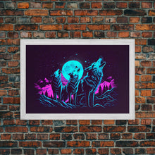 Load image into Gallery viewer, Howl at the moon - turquoise wolf pack howling at the moon, framed canvas print, vaporwave art
