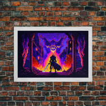 Load image into Gallery viewer, 8 bit Pixel art, RPG video game concept art, Paladin faces the Dragon, synthwave style, framed canvas print
