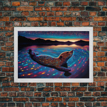 Carregar imagem no visualizador da galeria, Cute beaver swimming at midnight, vaporwave aesthetic animal print art, starry night beaver, framed canvas print
