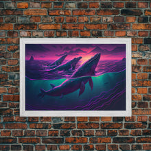 Load image into Gallery viewer, 3 Blue Whales Breaching at Sunset, vaporwave synthwave ocean art, framed canvas print
