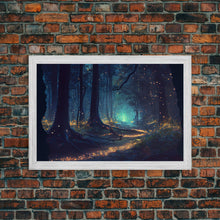Load image into Gallery viewer, The magical enchanted forest is lit brightly with fireflies at night, framed canvas print, fantasy art
