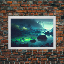 Cargar imagen en el visor de la galería, Bioluminescent glowing river, cool nature watercolor art, framed canvas print
