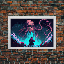 Load image into Gallery viewer, Warrior Vs Cthulhu, RPG concept pixel art, framed canvas print, outrun video game art
