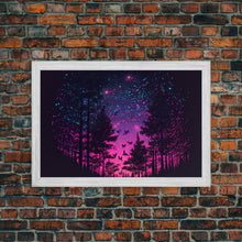Load image into Gallery viewer, Synthwave Starry Night Time Lapse in a pine tree forest, framed canvas print, timelapse art
