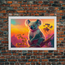 Load image into Gallery viewer, Cute Koala bear at sunset, vaporwave animal art, framed canvas print, framed wall art, ready to hang, synthwave art
