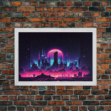 Load image into Gallery viewer, Cyberpunk city skyline superimposed over a sunset, synthwave style dystopian  art, framed canvas print
