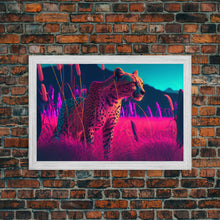 Load image into Gallery viewer, Cheetah on the hunt, vaporwave art, sunset hunter, framed canvas print, framed wall art
