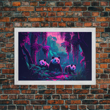 Load image into Gallery viewer, Cute pandas, jungle, framed canvas print, framed wall art, synthwave animal art
