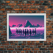 Load image into Gallery viewer, Penguins on the nice, cute animal prints, framed canvas print, synthwave / vaporwave art
