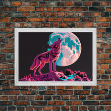 Load image into Gallery viewer, Howl at the moon, wolf art, framed canvas print, synthwave / vaporwave art
