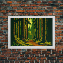 Load image into Gallery viewer, Among The Tall Trees, Beautiful forest 8 bit pixel art, framed canvas print, game room art
