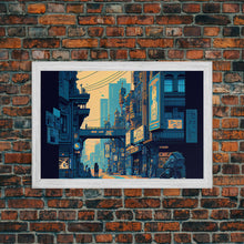 Load image into Gallery viewer, 8 bit pixel art cyber punk city, video game concept art, framed canvas print, game room art
