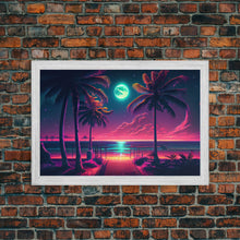 Load image into Gallery viewer, Outrun style full moon lit beach, framed canvas print, synthwave palm tree &amp; beach art
