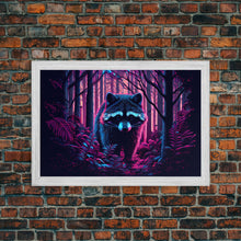 Cargar imagen en el visor de la galería, Cute racoon in the forest, vaporwave aesthetic animal art, framed canvas print, colorful animal art

