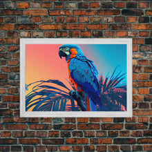 Carregar imagem no visualizador da galeria, Birds of Paradise, Tropical Blue Parrot, Framed canvas print, beautiful wall art for vacation home
