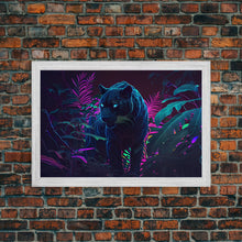 Carregar imagem no visualizador da galeria, Black panther on the hunt in the jungle, glowing blue eyes, synth wave aesthetic art, framed canvas print
