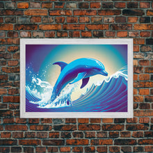 Load image into Gallery viewer, Dolphin riding a wave, cute animal prints, vaporwave animal art, framed canvas print

