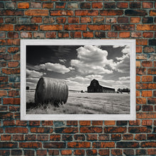 Carregar imagem no visualizador da galeria, Black and White Photo Of a Barn and Hay Bail, Liminal Art, Country Decor, Farmhouse Style Art, Canvas Print
