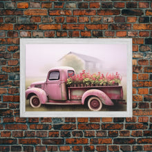 Load image into Gallery viewer, Framed Picture of old truck with beautiful flowers in bed of truck, farmhouse living, old barn, farmhouse distressed, framed canvas print
