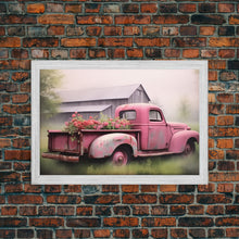 Load image into Gallery viewer, Framed Picture of old truck with beautiful flowers in bed of truck, farmhouse living, old barn, farmhouse distressed, framed canvas print
