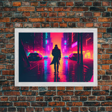 Load image into Gallery viewer, Cyberpunk bounty hunter art, vaporwave synthwave dystopian cityscape, framed canvas print
