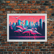 Load image into Gallery viewer, Pink Flamingos, Vaporwave aesthetic style art, framed canvas print, framed wall art

