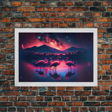 Load image into Gallery viewer, Pink Flamingos against a starry night sky, synthwave vibes, framed canvas print, framed art
