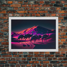 Load image into Gallery viewer, Emus in the desert, animal prints, animal art, framed canvas print, vapor wave synthwave animal art
