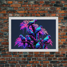Load image into Gallery viewer, Synthwave Tropical Birds, Parrot Art, Framed canvas print, framed wall decor, vaporwave animal print

