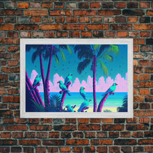 Load image into Gallery viewer, Tropical birds of paradise, synthwave, vaporwave wall art, framed canvas print
