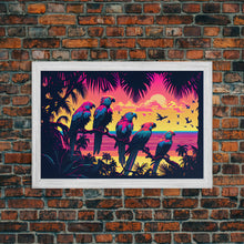 Load image into Gallery viewer, Tropical birds of paradise, synthwave, vaporwave wall art, framed canvas print
