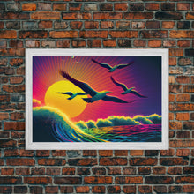 Carregar imagem no visualizador da galeria, Flock of Seagulls, art deco style sun, framed canvas print, synthwave retrowave animal art
