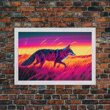 Load image into Gallery viewer, Cute fox in the tall grass, animal print, vaporwave framed canvas print, retrowave animal art
