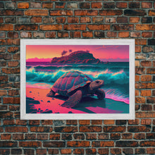 Load image into Gallery viewer, Sea turtle fighting the waves, framed canvas art, synthwave, vaporwave, animal prints
